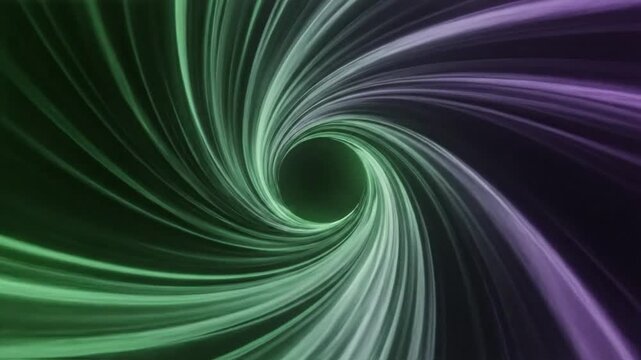 Abstract swirling green and purple light tunnel vortex moving towards a center point on a dark background.