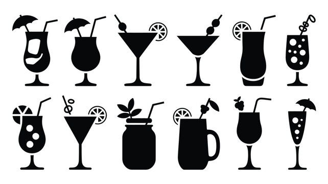 Collection of various cocktail glasses and drinks with straws and umbrellas on white background