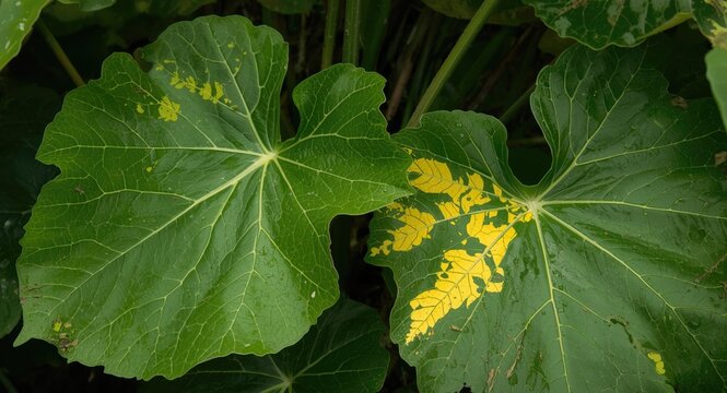 Cassava foliage with yellow and brown symptoms linked to biotic and abiotic pressures