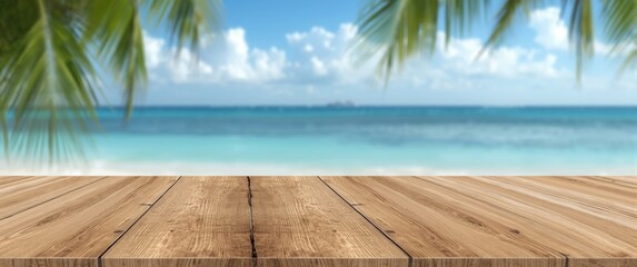 Fototapeta premium Close wooden surface with a fuzzy tropical ocean and sand beach backdrop suitable for product presentations