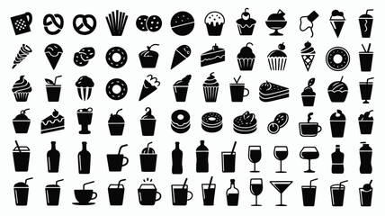 Obraz premium Collection of black food and drink icons on white background including desserts beverages and snacks