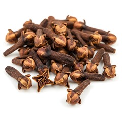 Whole dried cloves arranged naturally with one broken clove revealing inner structure, isolated white background 