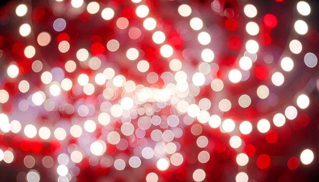 Bokeh blur with white and red lights arranged in winding rows, creating a dreamy, swirling effect