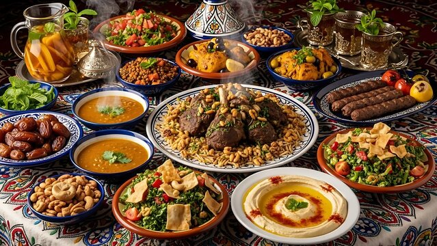 A vibrant BUKA PUASA feast with assorted dishes, including lamb, arranged on a decorated table with various bowls and plates