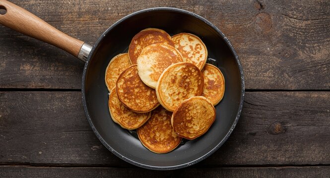 Birds eye view of a weathered pan filled with delicate pancakes on a textured wooden plank