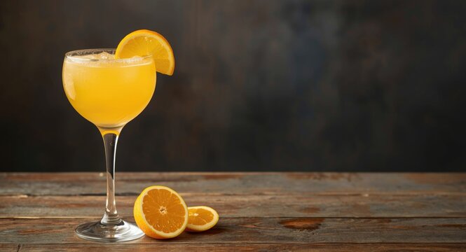 Citrus mimosa drink positioned on weathered wood table featuring empty space