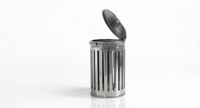 Side photo of an open metallic garbage bin on a clean white surface