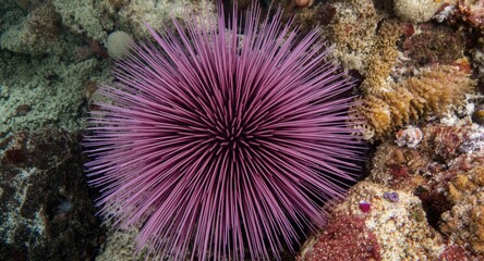 Closeup of long spined sea urchin Diadema antillarum in coral reef habitat