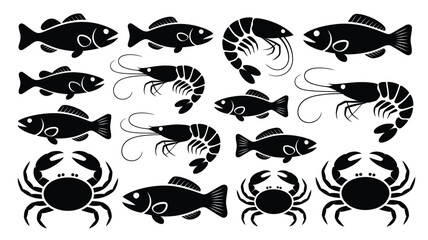 Black silhouettes of various seafood including fish shrimp and crabs on white background for culinary or ocean themed designs © loveley0190