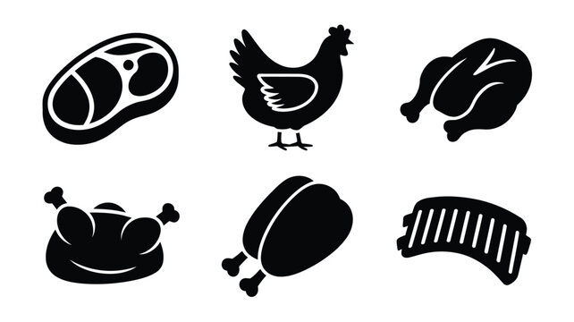 Various meat cuts and chicken icons in black silhouette on white background for food and cuisine concepts