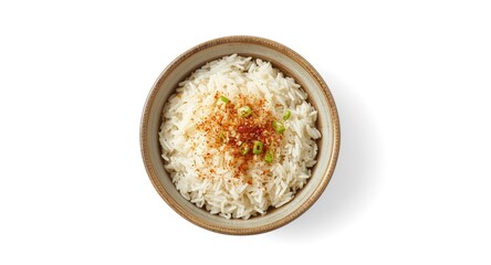 ceramic bowl holding seasoned Thai rice on white backdrop