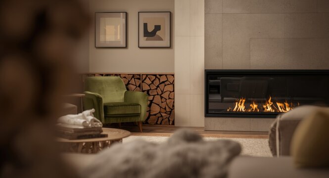 Sophisticated minimal lounge area highlighting a green armchair and elegant bio fireplace with chopped wood decor