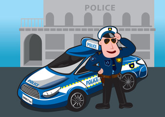 Friendly policeman standing next to patrol car in front of police station building © Wojciech Florek