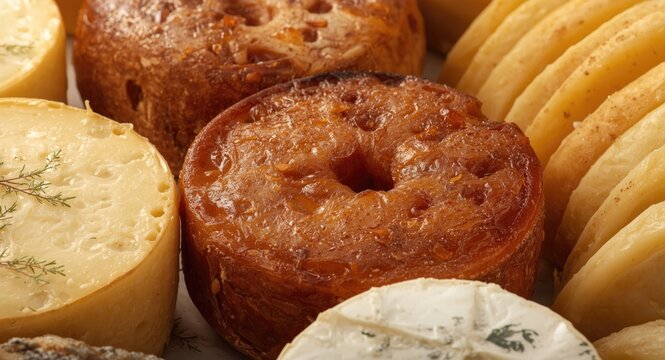 Close up of an assortment of smoked cow milk cheeses with varieties including scamorza, provolone, and caciocavallo
