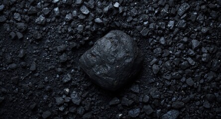 Fototapeta premium Ample copy space on a dark industrial background filled with black coal and iron ore particles