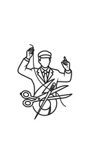Obraz premium Black and white illustration of a tailor holding thread, with scissors and a needle in the foreground. A classic artistic design