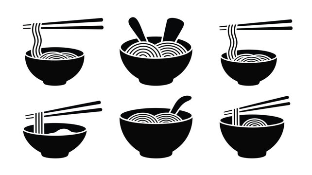 Six black and white illustrations of noodle bowls with chopsticks and spoons on a plain background