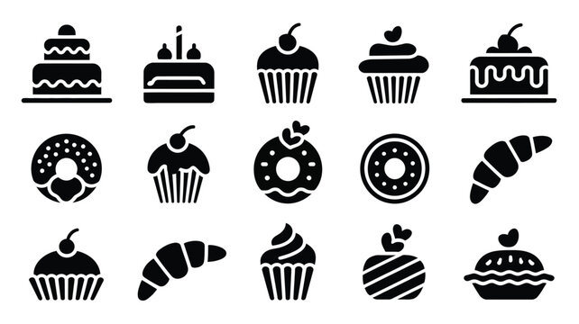 Collection of bakery icons including cakes cupcakes muffins donuts and croissants on white background