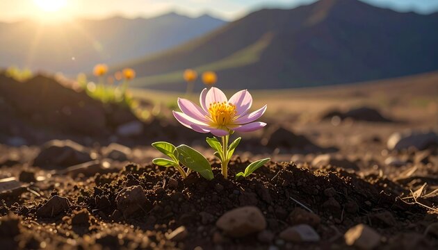 A lone flower blooms in a rocky desert landscape