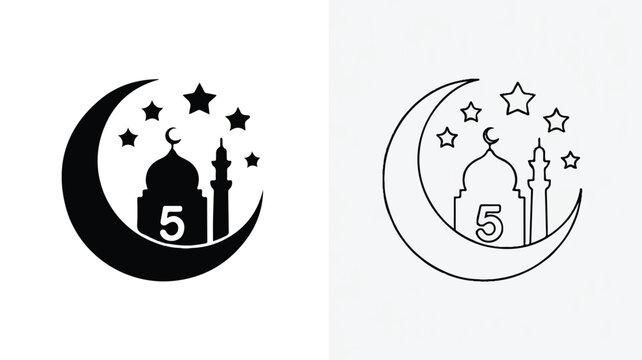 Islamic crescent moon and mosque icons with stars and number five