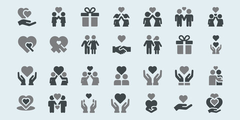 Collection of love and care icons representing relationships and gestures in simple illustrations
