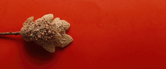 Obraz premium Close up top angle of acorn covered oak branch displayed over a bold colored background