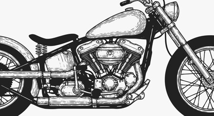 Fototapeta premium Detailed black and white illustration of a motorcycle from a side view, showcasing its engine and wheels