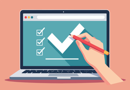 Finestra del browser dell'elenco di controllo. Segno di spunta. Segno di spunta bianco sullo schermo del laptop. Scelta, concetti di indagine. Elementi per banner web, siti web, vettoriale