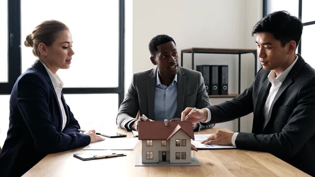 Real estate meeting with model house.