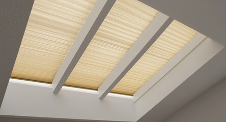 Obraz premium Beige pleated motorized skylight blinds with honeycomb curtains installed for glass roof slots