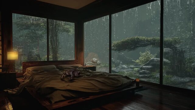 Cozy dark bedroom with large windows during heavy rain storm, cat sleeping on bed and forest garden view.