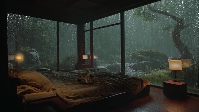 Heavy rain on window glass in a cozy bedroom with sleeping cat, misty forest and zen garden.