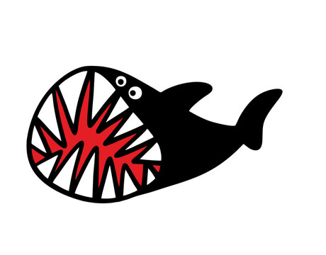 Shark big mouth, sea fish. Vector illustration of a predator from the depths of the ocean with sharp teeth. Aquatic fauna, fish swimming in the water, hunting for prey.