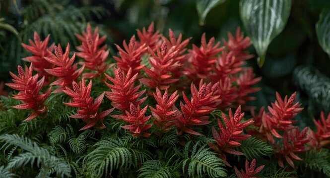 Bright red Acalypha hispida blooms with dense green leaves in a tropical indoor plant display