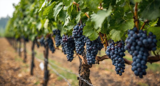 Clusters of grapes growing on elevated trellises in a productive grape growing area