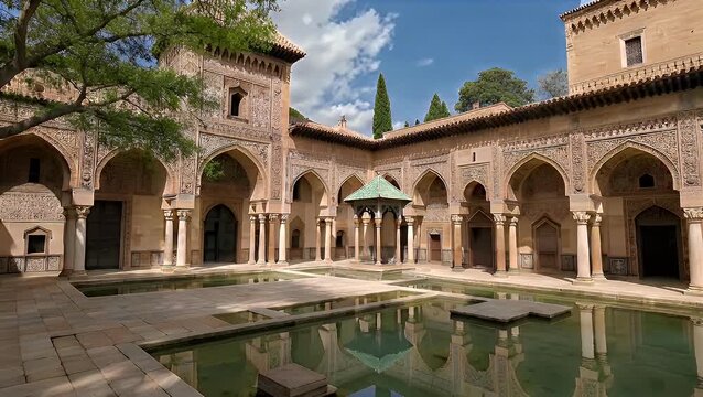 Historical Islamic Educational Institution Courtyard An Architectural View of the Ben Youssef Medersa's Central Courtyard
