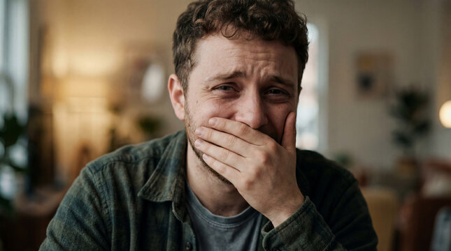 A man expresses sorrow and despair, his face contorted with emotion as he weeps, a poignant moment of raw humanity.