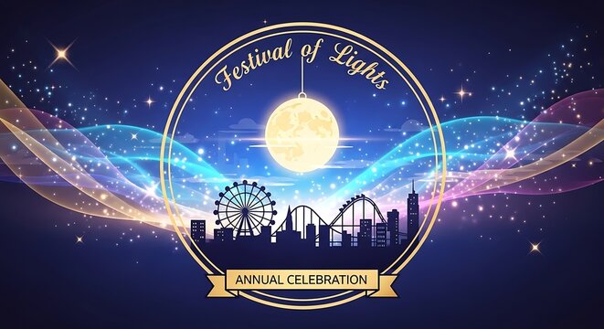 Animated design celebrating a nighttime event. Features a Ferris wheel, rollercoaster, cityscape silhouette, and sparkling lights. A full moon glows above