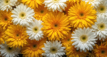Colorful yellow and white flower arrangement showing multiple hues with copy space