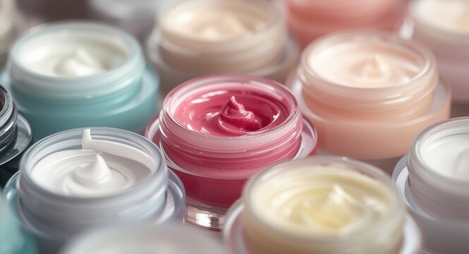 Closeup of cosmetic containers with sharp selective focus