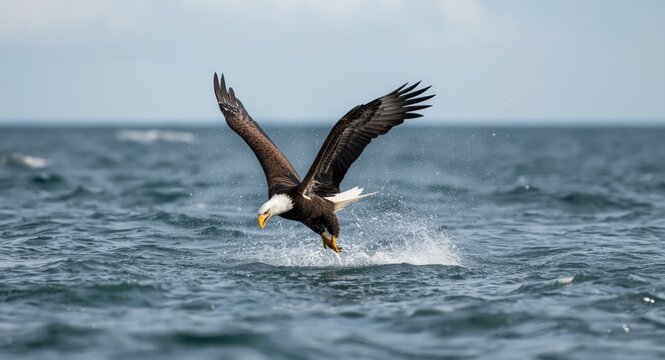 A magnificent bald eagle hovers then dives fast into ocean spray seeking a fish with intent