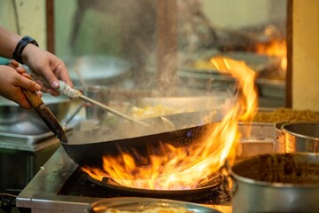 Fototapeta premium Pad Thai noodles is fried noodles cook in pan with big fire flame is hong kong style. Pad Thai famous Asian Thai street fast food in hot pan, Pad Thai is fried noodle dish a street food Thailand