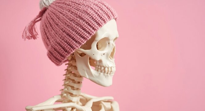 close up of a skeleton wearing a charming knitted cap on a soft pink backdrop