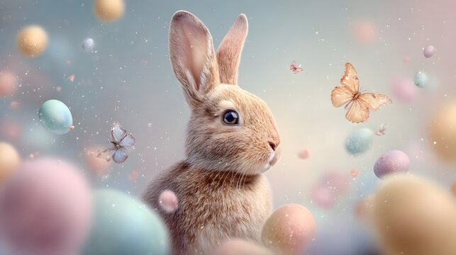 Cute bunny in a dreamy landscape with floating spring elements.