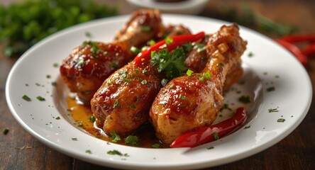Obraz premium Chicken drumsticks golden baked with honey soy and ginger marinade served with chili pepper and parsley on white plate close view
