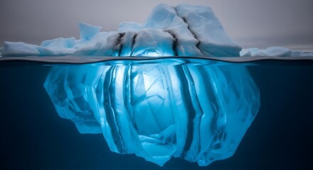 A large iceberg floats in the ocean with most of its mass hidden beneath the surface of the water.