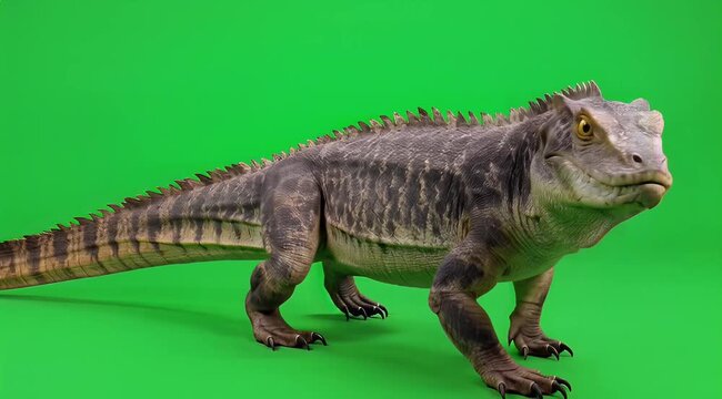 Large monitor lizard striding across a bright green studio backdrop with rugged textured skin.