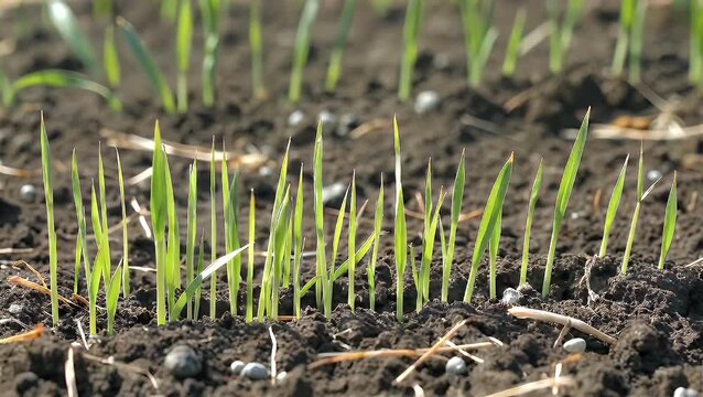 Rows of Young and Sprouting Winter Wheat Plants Cultivated in Fertile Black Earth Soil