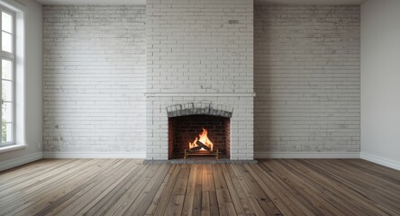 Naklejka premium Empty living room showcasing gas fireplace on white brick wall with copy space included