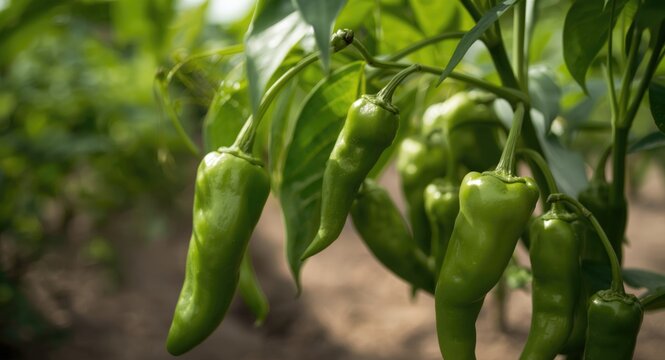 Close up view of fresh green chili peppers in natural farm setting